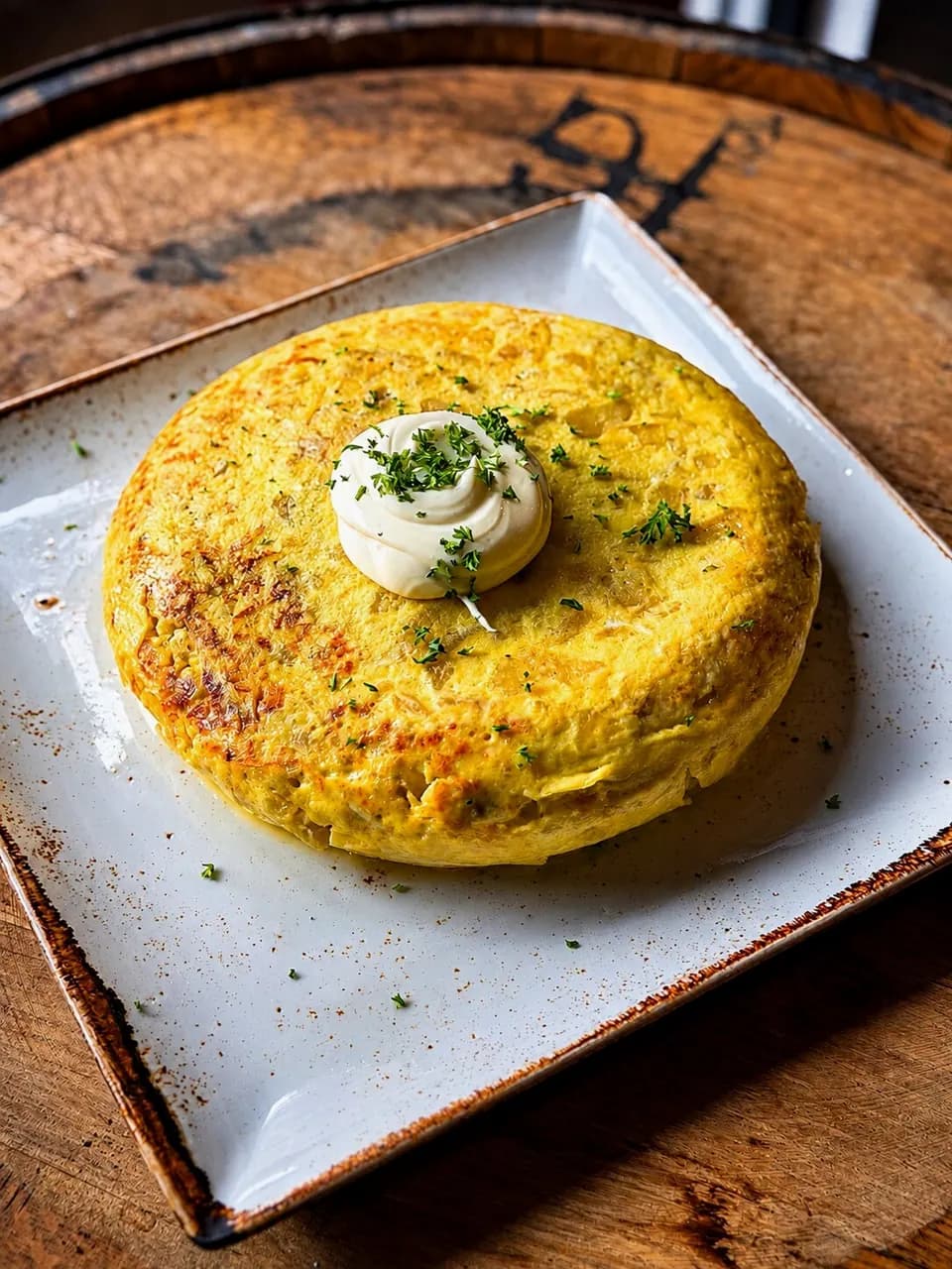 A thick Spanish potato tortilla topped with aioli on a square plate